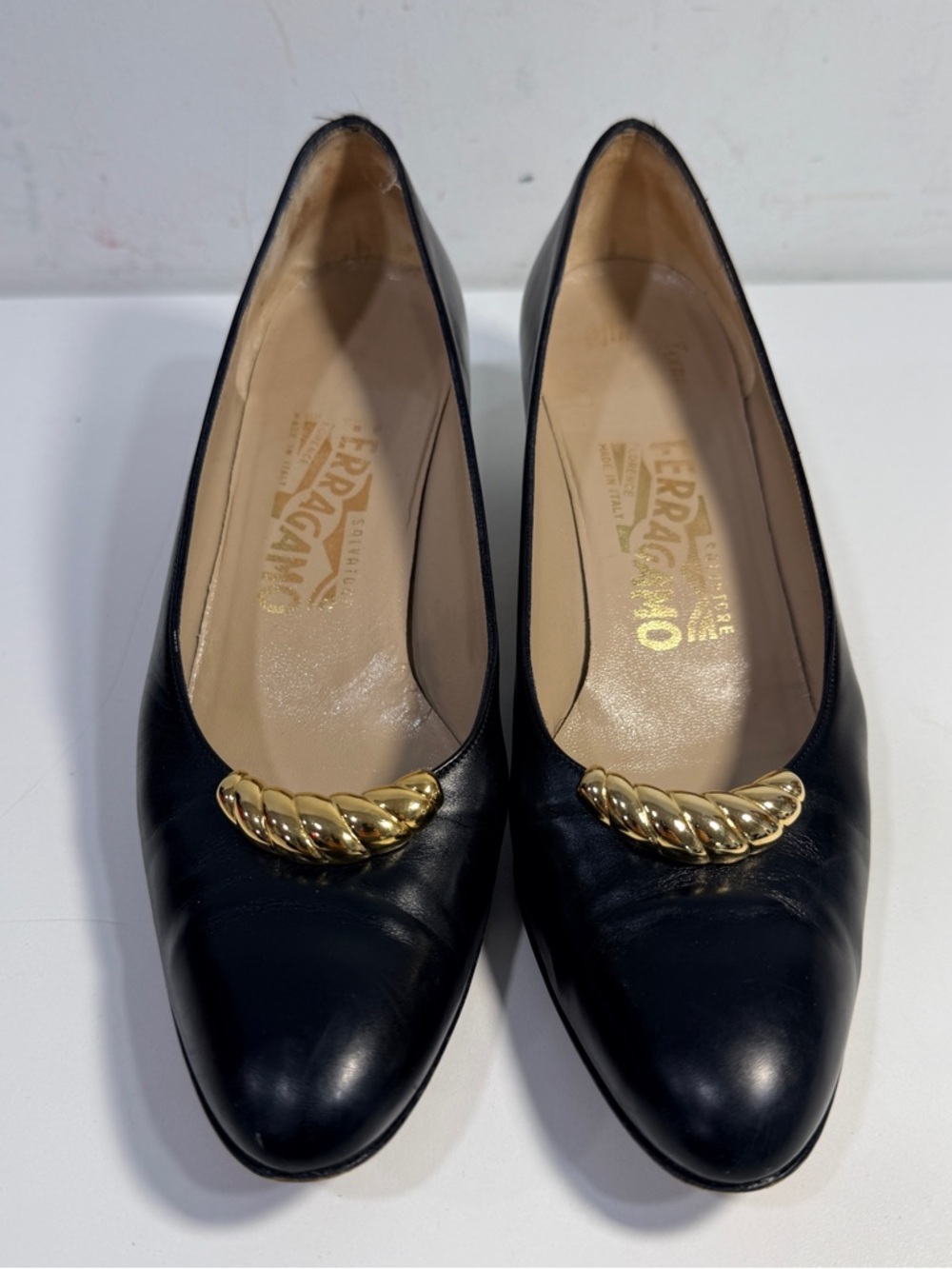 Salvatore Ferragamo Black Leather Flats with Gold Twist Accent